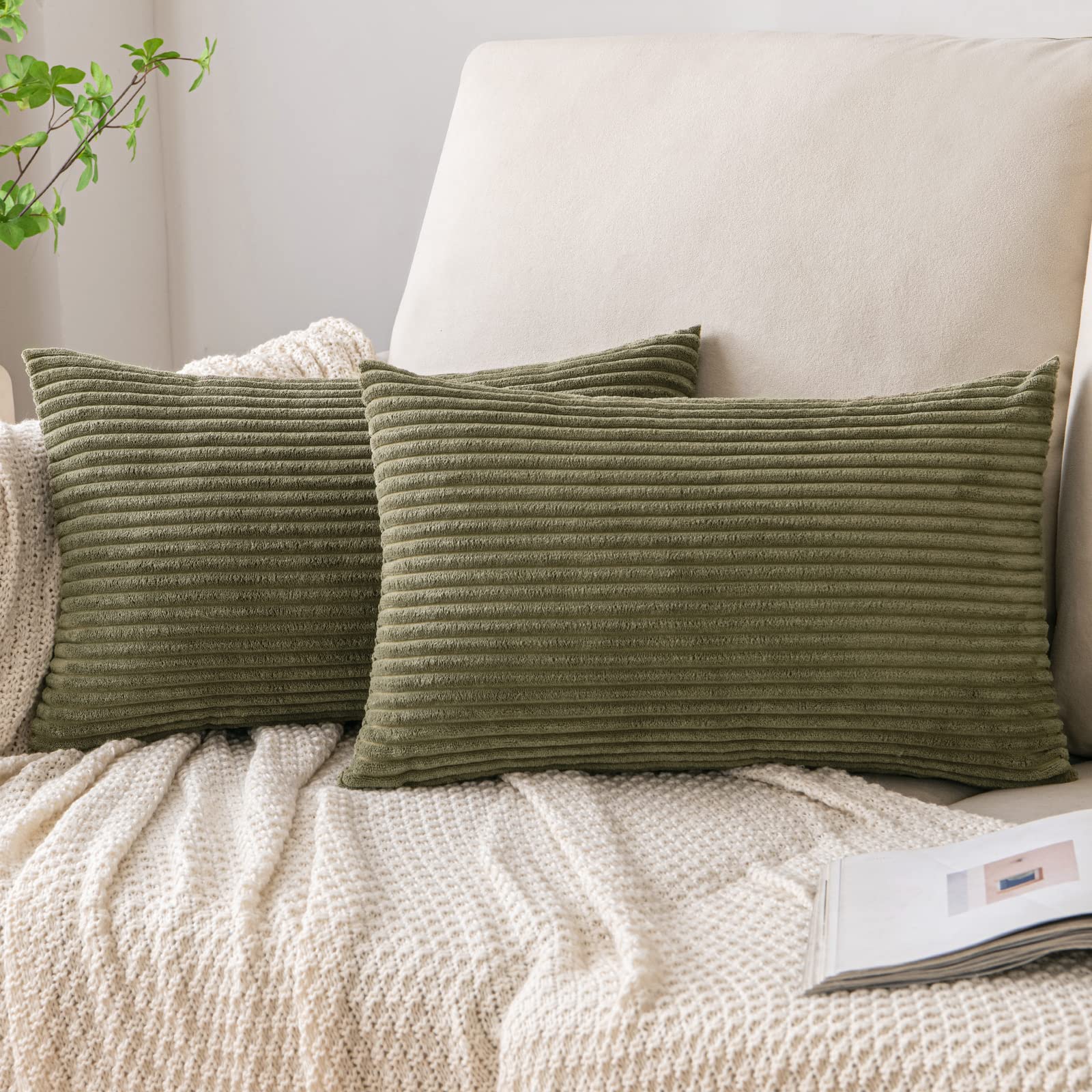 EMEMA Cushion Covers Corduroy Oblong Throw Pillow Covers Striped Soft Sham Home for Sofa Couch Bedroom Decorative Pillowcases 12x20 Inch 30x50cm Set of 2 Olive-green