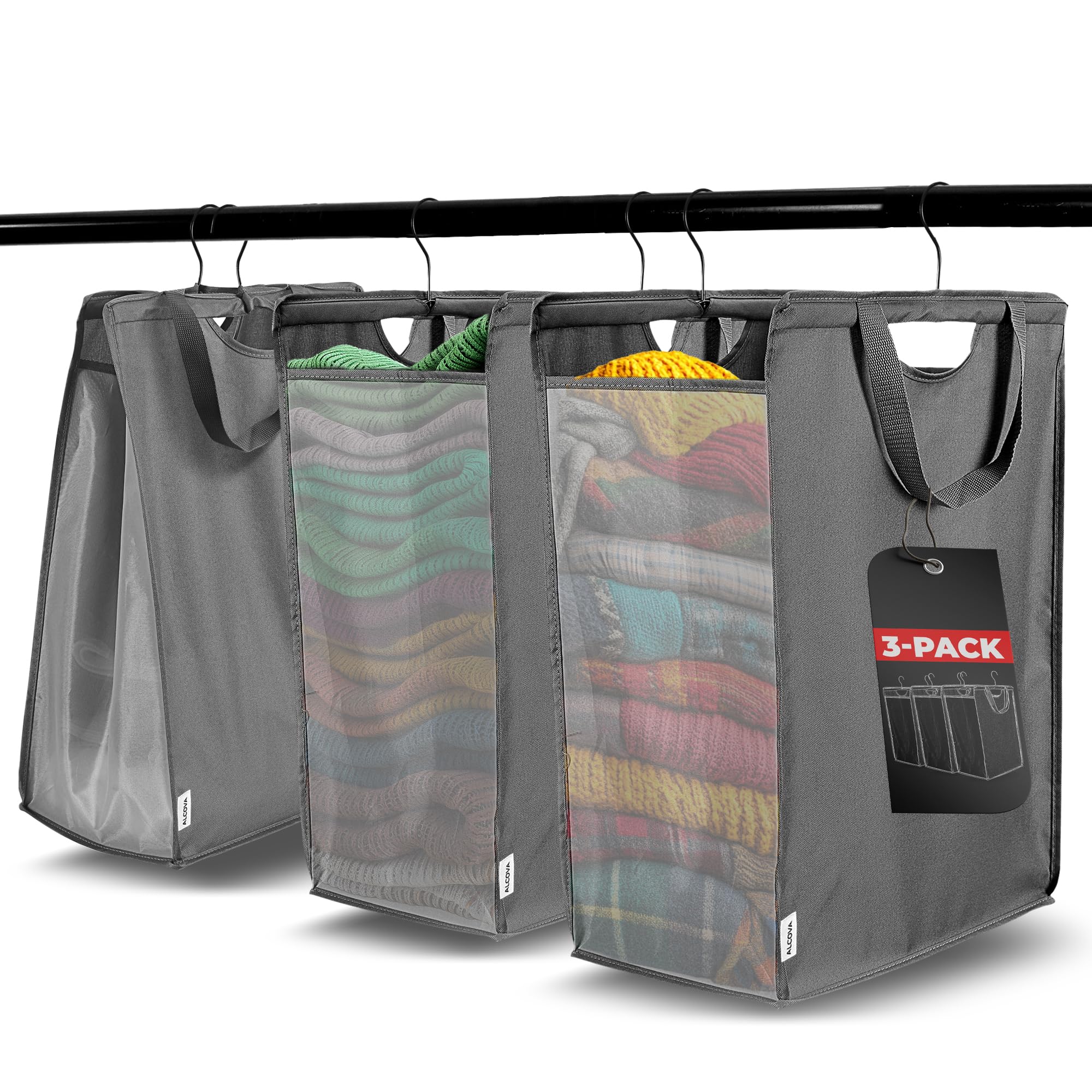 Photo 1 of ALCOVA 3 Pack Hanging Laundry Hamper, Space-Saving Mesh Hanging Laundry Bag with Dual Handles & Sturdy Hooks, Portable Hanging Hamper for Family, College Students, Small Closet Solutions