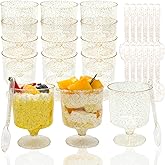 Vintrol 120 Pack Plastic Dessert Cups with Spoons 60 Pack Clear Yogurt Parfait Appetier Cup with Gold Glitter for Party Disposable Round Goblet Shooter for Ice Cream,Pudding and Fruit