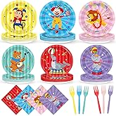 96 Pcs Circus Party Supplies Circus Carnival Party Plates and Napkins Clown Carnival Parties Tableware Decor Colorful Animal Themed Dinnerware Set for Baby Shower Birthday Parties Favors Serves 24