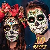 Day of the Dead Face Tattoos, Halloween Temporary Tattoo 10 Pack Dia de Los Muertos Skeleton Makeup Kit Catrina Red Rose Sugar Skull Full Face Stickers for Women Kids Halloween Accessories and Parties