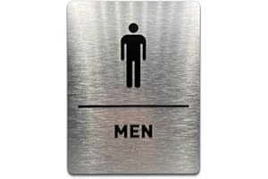 GDS ARCHITECTURAL SIGNAGE SOLUTIONS Men Bathroom Sign by GDS - ADA Compliant, Wheelchair Accessible, Raised Icons, & Grade 2 Braille - Includes Adhesive Strips for Easy Installation - 6" W x 8" H (Brushed Aluminum)