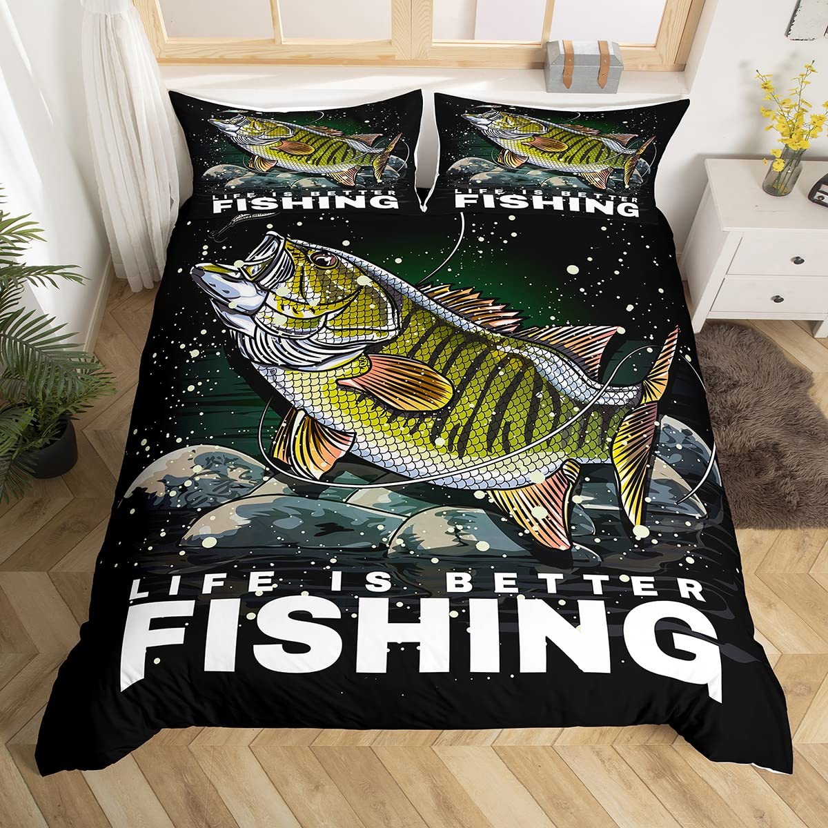 Big Pike Comforter Cover Bass Fish Bedding Set Fishing and Hunting Duvet Cover for Kids Boys Girls Microfiber Fisherman Quilt Cover King Size