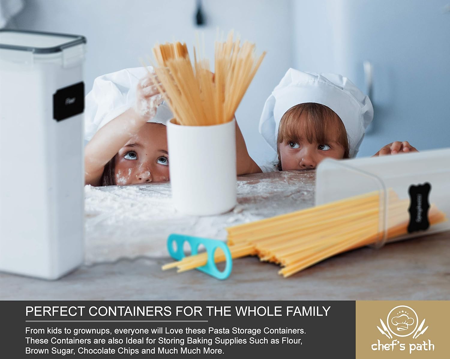 Chef's Path Airtight Tall Food Storage Container Set - Ideal for Spaghetti, Noodles & Pasta - 4 PC/All Same Size - Kitchen & Pantry Organization - Plastic Canisters with Durable Lids (Black): Kitchen & Dining