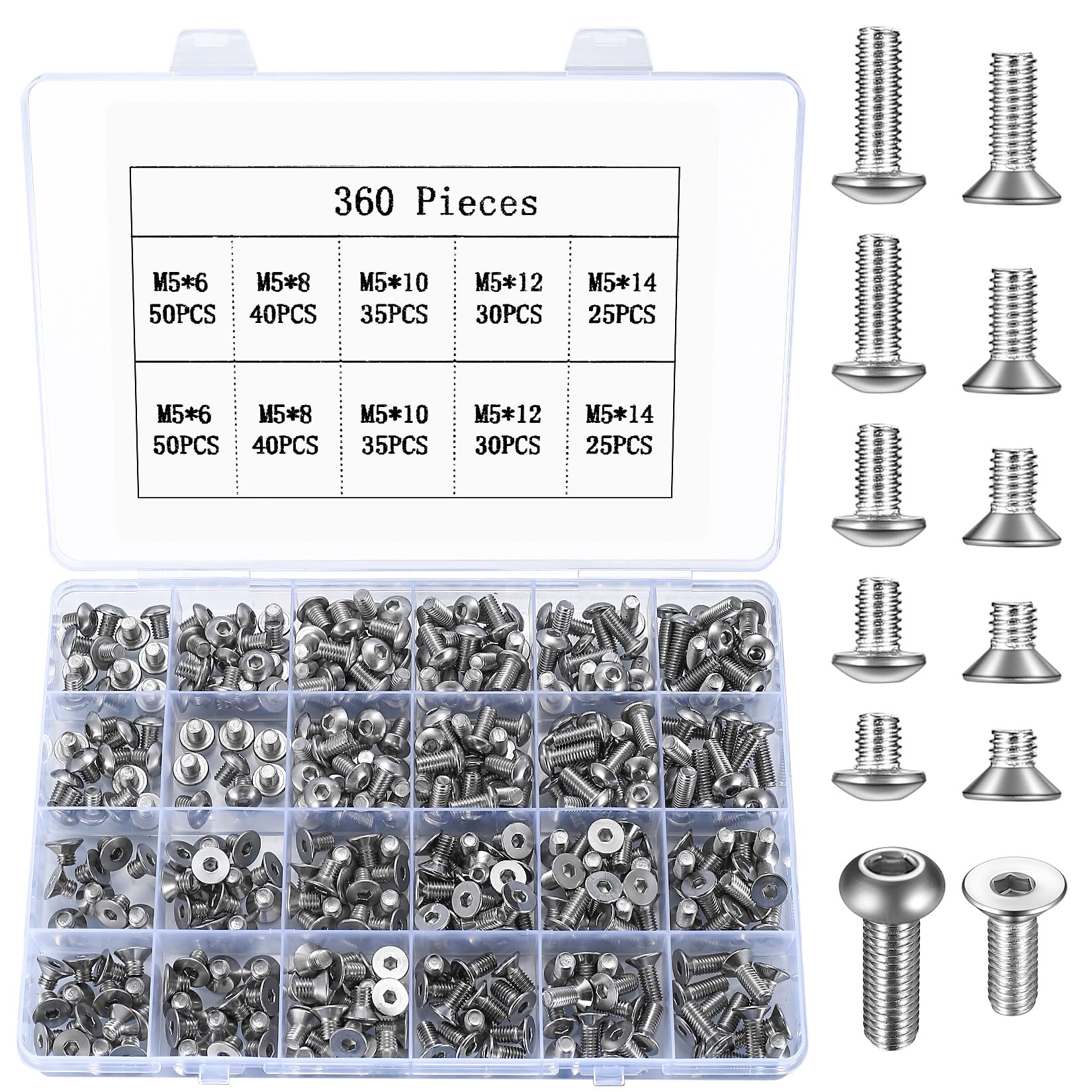 360 Pcs M5 Metric Hex Socket Head Cap Screws & Bolts Set, 180 Countersunk & 180 Flat Head Screws - 6mm/8mm/10mm/12mm/14mm, Silver — image 1