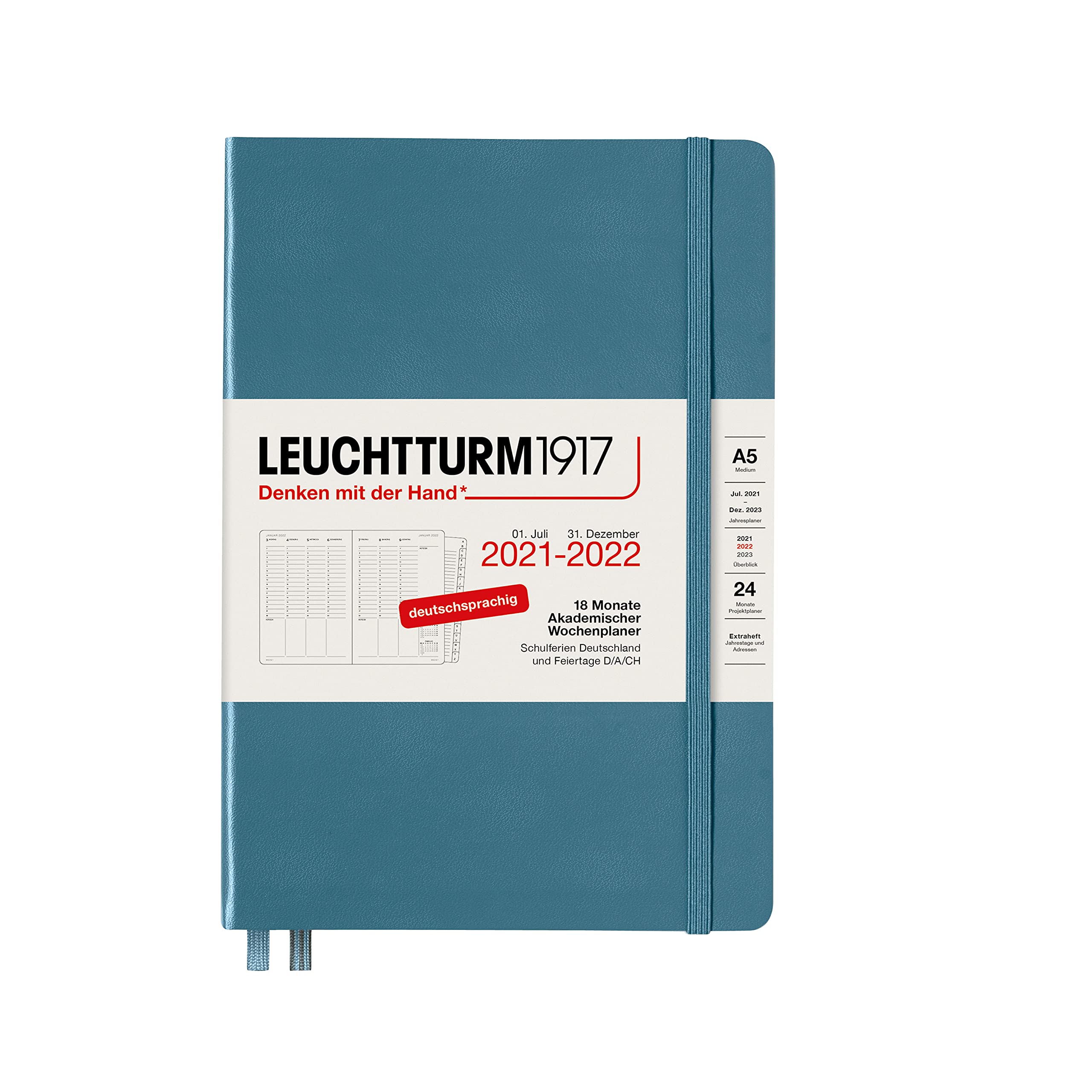 LEUCHTTURM1917 363657 Academic Weekly Planner 2022 Hardcover Medium (A5), 18 Months, Stone Blue, German