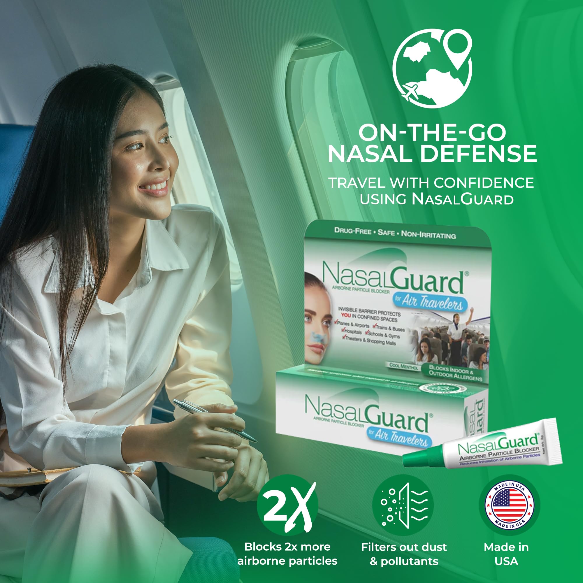 Airborne Particle Blocker Nasal Gel for Air Travelers - Drug-Free, Non-irritating, Non-drowsy, Airplane Travel Approved (Cool Menthol) - Over 150 Applications Per Tube (0.1 oz, Pack of 1)