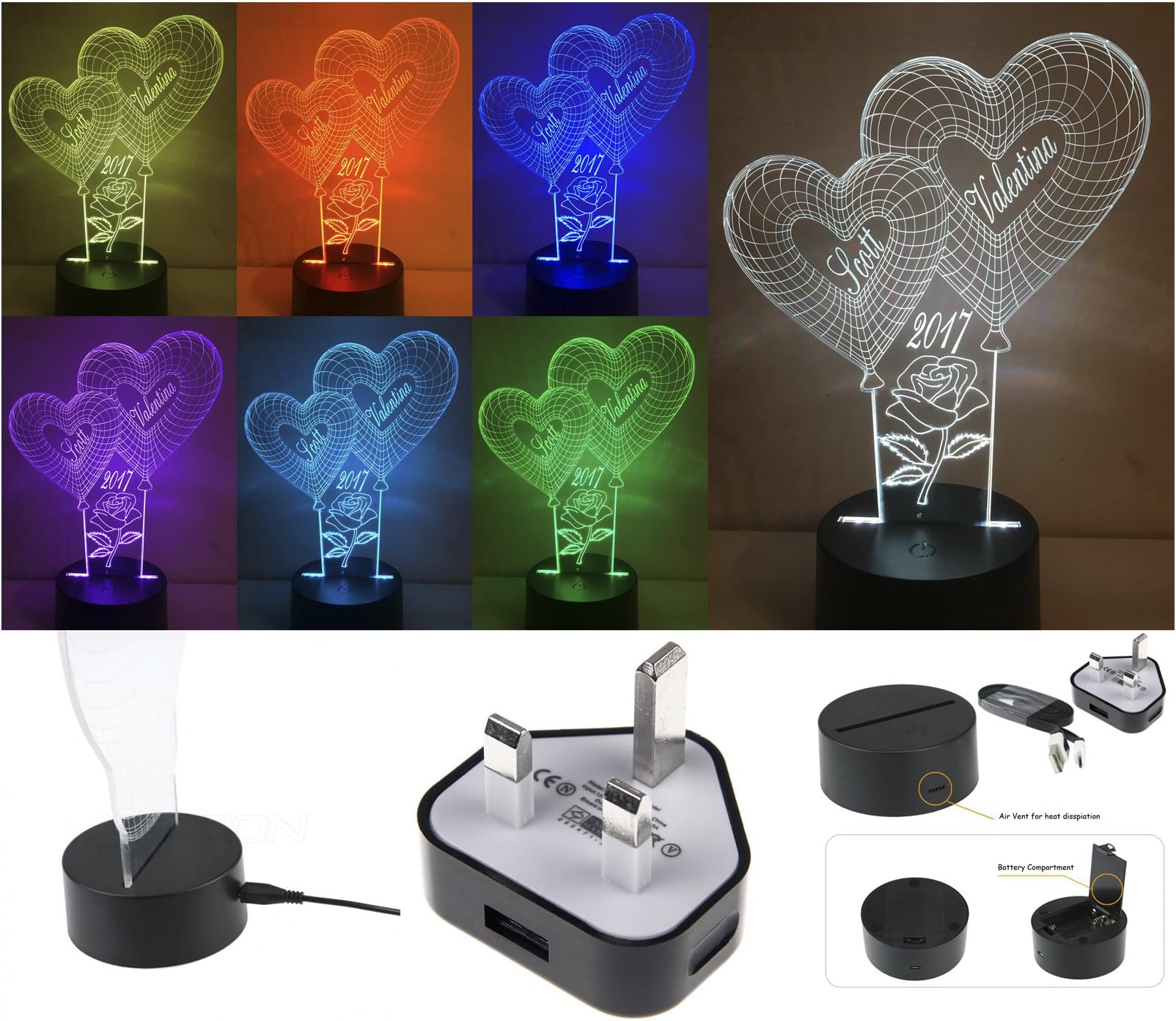 PERSONALISED DOUBLE HEART WITH ROSE COLOUR CHANGING 3D OPTICAL ILLUSION NIGHT LIGHT COMPLETE WITH LIGHT BASE STATION, CABLE AND PLUG