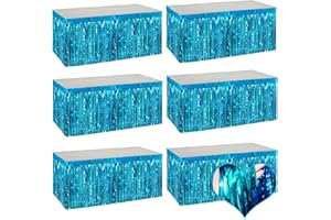 MEBIORNT 6 Pack 29x108 Inch Lake Blue Metallic Foil Fringe Table Skirts Banner for Tinsel Streamer Garland Curtains Backdrop for Parade Floats Wedding Baby Shower Birthday Christmas Halloween Party Decoration