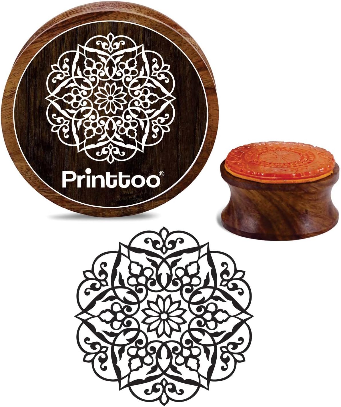 Printtoo Craft Textile Floral Mandala Pattern Round Wooden Rubber Stamp Card Making Stamps-3 Inch