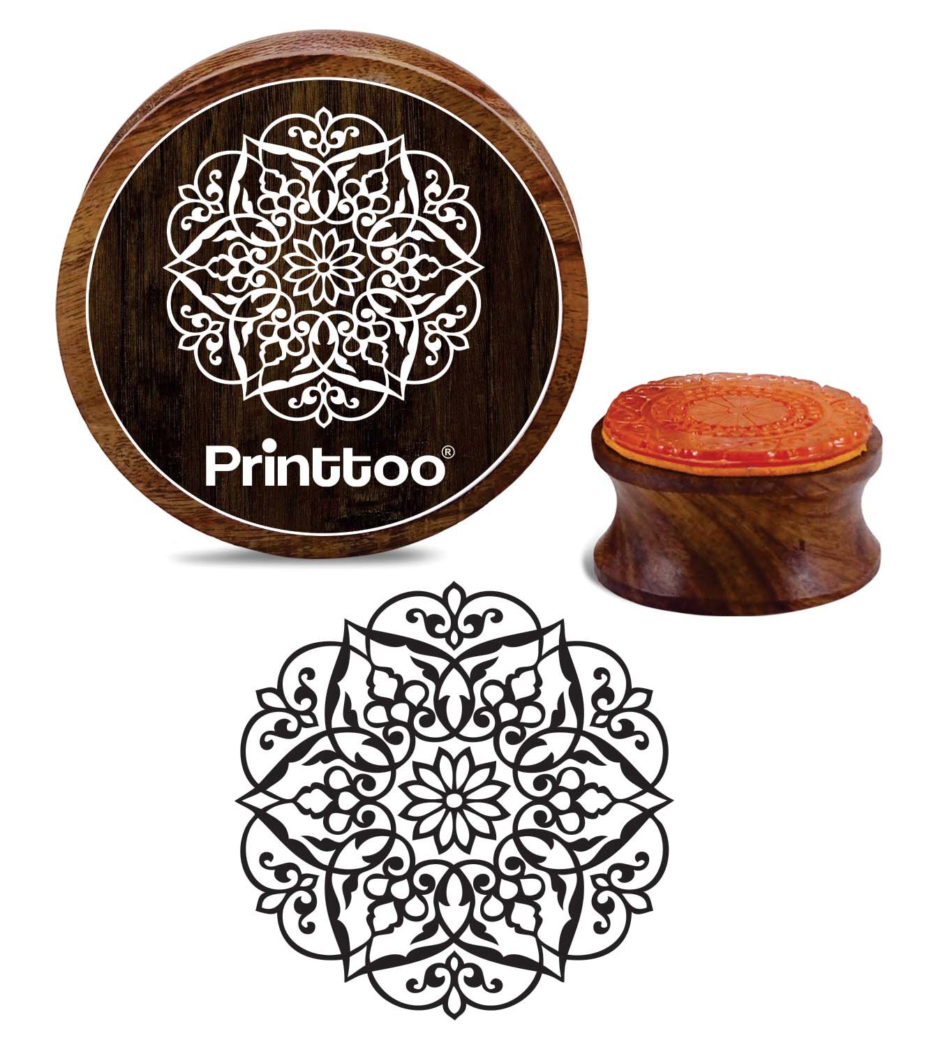 Printtoo Craft Textile Floral Mandala Pattern Round Wooden Rubber Stamp Card Making Stamps-3 Inch