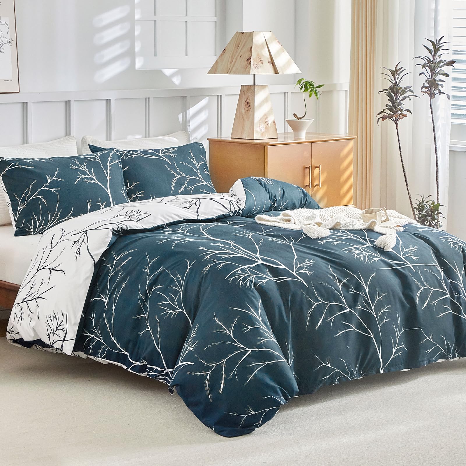 Tokokimo Blue Single Duvet Cover Set, Botanical Branch Printed Single Bedding Sets 2pcs, Soft Microfibre Duvet Cover 135x200 cm