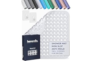 homerella® Shower Mat Non Slip Anti Mold, Non Slip Shower Mats for Inside Shower Stall Anti Slip Mat, Square Shower Floor Mat 21 x 21 in with Suction Cups & Hooks for Quick Drying, Machine Washable