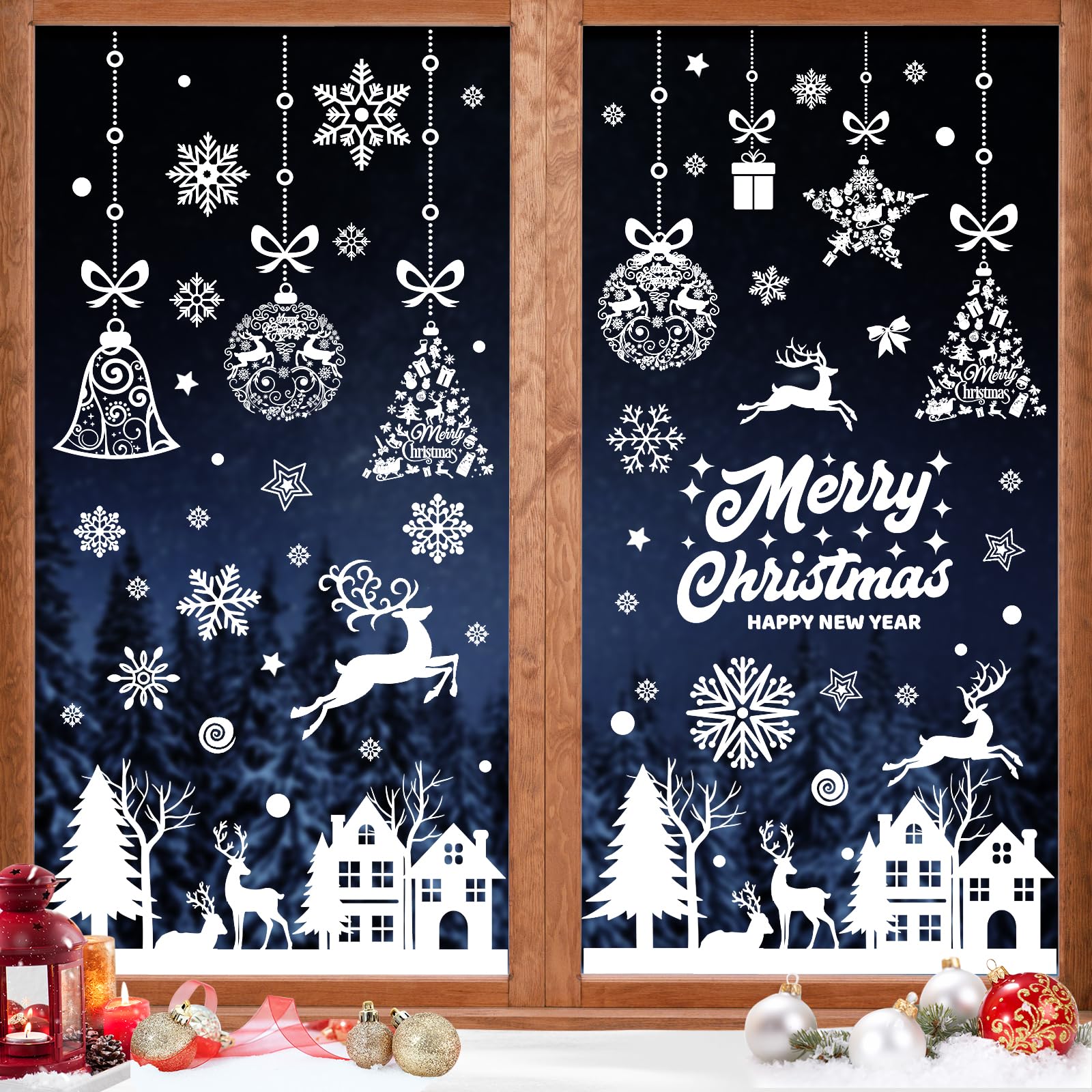 193 Large Reusable Christmas Window Stickers, Double Sided White Snowflakes Window Clings, Xmas Scene Decorations for Windows Glass