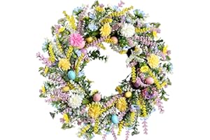 20Inch Easter Wreath for Front Door, Large Spring Easter Egg Wreath with Artificial Flowers, Pastel Farmhouse Door Decor for 