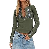 MISSACTIVER Floral Embroidered Crop Tops for Women Long Sleeve Button Down Ribbed Knit Tshirt Slim Fit Lettuce Hem Boho Shirt