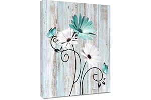 HVEST Teal Daisy Wall Art Vintage Flower and Butterfly on Rustic Wooden Abstract Painting Farmhouse Plant Wall Art for Bathroom Living Room Bedroom Kitchen Decor Ready to Hang, 16Lx12W Inches