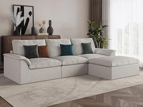 EASE MOOSE 115" L Shaped Boneless Couches, Cloud Modular Sectional Sofa | Pet-Friendly Chenille Sofa for Living Room, No Assembly, Oversized Deep Seat, Removable Covers, Anti-slip Bottom, Beige