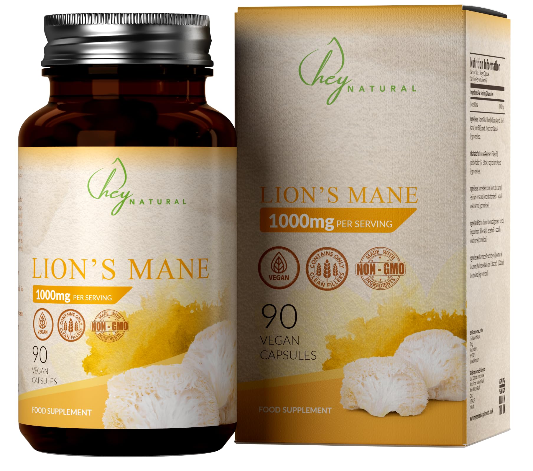 HN Lions Mane | 90 Lions Mane Capsules 1000mg per Serving - High Strength Supplement Mushroom Complex | Lion's-Mane Mushroom Supplement | Non-GMO, Gluten & Allergen Free | Made in The UK