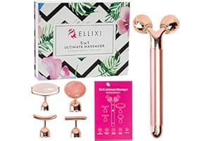 ELLIXI - 5-in-1 Electric Face Massager - 5 Vibrating Heads Including 3D V Lifting Roller + Round Rose Quartz + Rose Quartz Fa