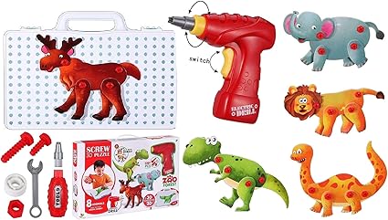 Toys Bhoomi 120 Pieces 3D Puzzles Take Apart Building Blocks Animal STEM Toys for Kids with Drill Tools , Screws , Dinosaurs , Elephant , Bear , Elk , Crocodile , Lion , Zebra