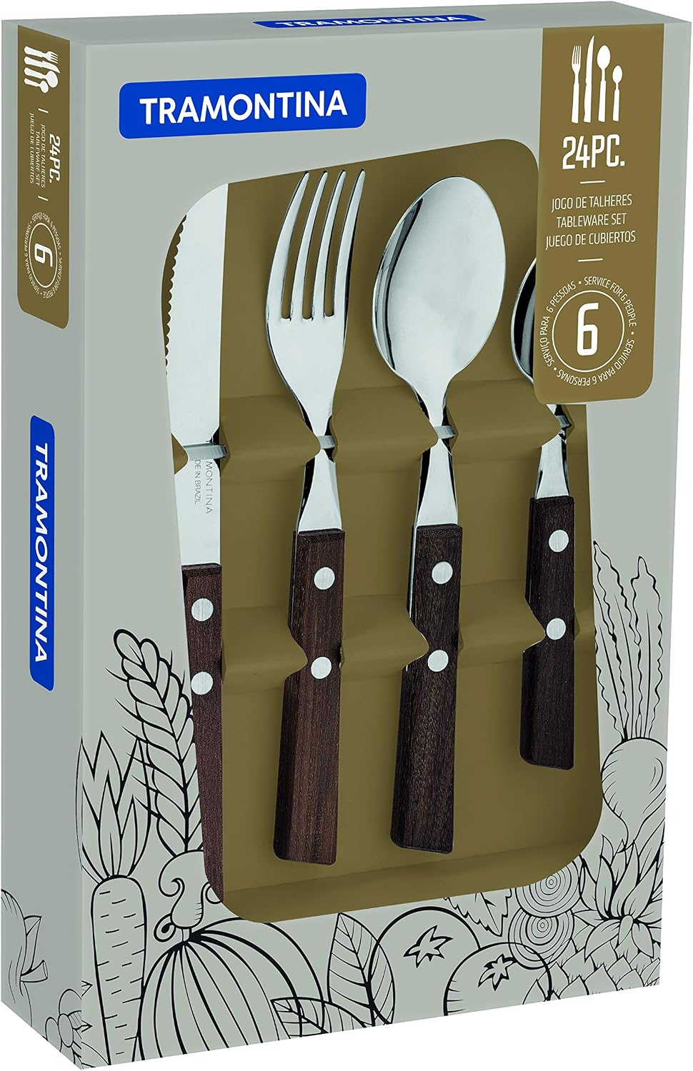 Tramontina Cutlery Set including Steak Knives, 24 Piece Sharp Knife, Forks, Teaspoons, Tablespoons with Wooden Handles - Image 3