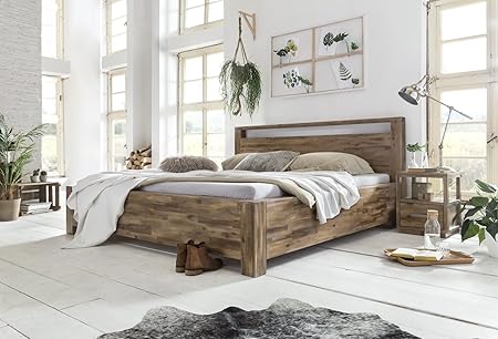 Woodkings Bett 180x200 Havelock Doppelbett Akazie Rustic Schlafzimmer Massivholz Design Ehebett Balkenbett Massive Naturmöbel Echtholzmöbel günstig