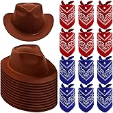 Haysandy 24 Pieces Western Cowboy Hat Set, Felt Cowboy Themed Party Hats with Paisley Bandanas for Kids Costume Party(Brown, Red, Blue)