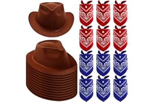 Haysandy 24 Pieces Western Cowboy Hat Set, Felt Cowboy Themed Party Hats with Paisley Bandanas for Kids Costume Party(Brown, Red, Blue)