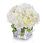 ENOVA HOME Artificial Rose and Hydrangea Silk Flowers Arrangements in Cube Glass Vase for Home Wedding (Cream)