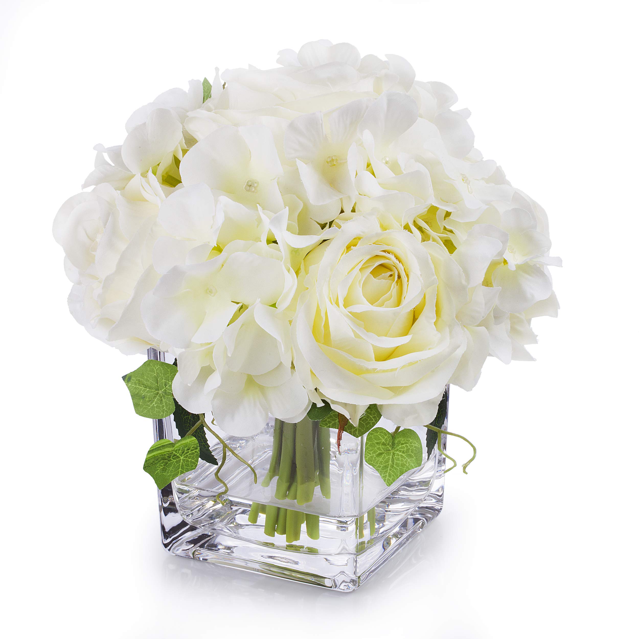 Photo 1 of ENOVA HOME Artificial Rose and Hydrangea Silk Flowers Arrangements in Cube Glass Vase for Home Wedding (Cream)
