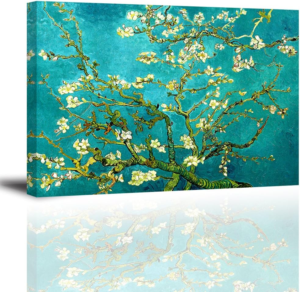 Almond Blossom Canvas Wall Art, Van Gogh Famous Flowers Oil Paintings Reproduction, Teal Floral Canvas Prints for Bedroom (Water Proof Artwork, Ready to Hang, 1" Thick)