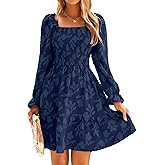 BerryGo Women's Square Neck Fall Long Sleeve Mini Dress Smocked Swing Ruffle Wedding Guest Dress
