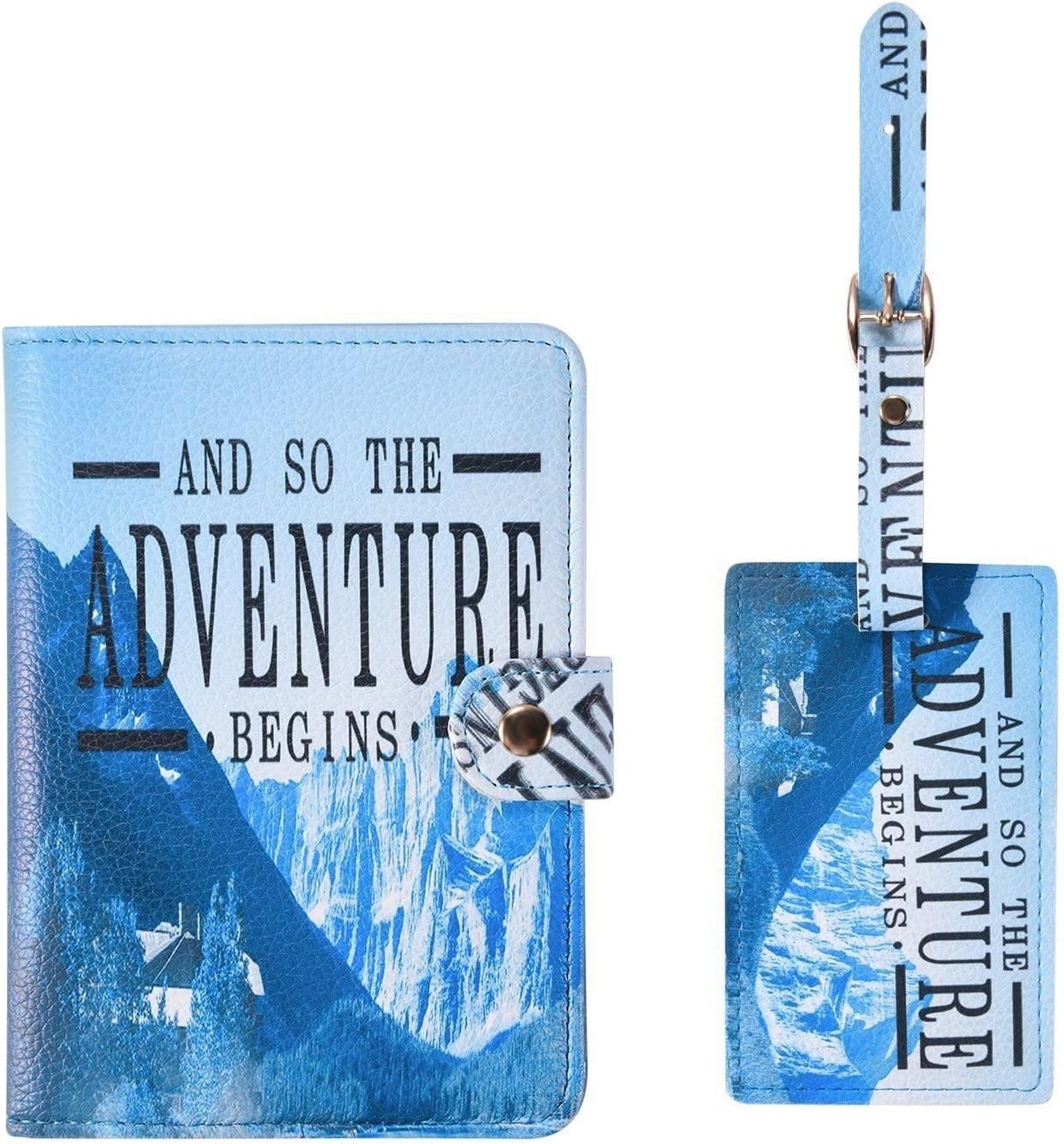 Travel Set:1 x Passport Cover and 1 x Luggage Tag Floral Passport Cover Luggage Tag Suitcase Label Address ID Holiday Tags Vintage (Adventure)