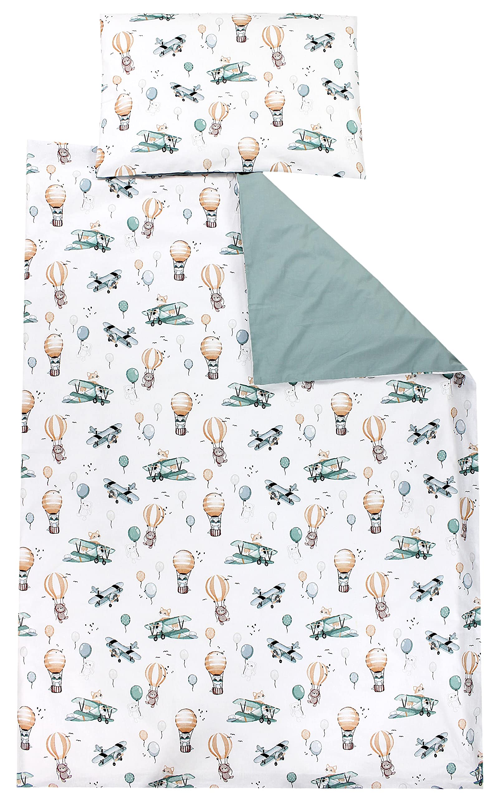 TupTam Children Bedding Set Duvet Cover Pillowcase Two-Sided, Foxes on the Plane/Green, 120x90 cm