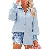 siliteelon Button Down Striped Shirts for Women Smocked Cuffed Long Sleeve Oversized Boyfriend Blouses Collared Work Tops