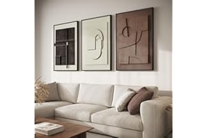 CUSPIN Framed Abstract 3D Textured Wall Art for Living Room, 3 Piece Modern Neutral Artwork for Walls, Brown White Geometric Sandstone Textured Painting for Bedroom, Home Office Decor-Total Size 30x60 Inch