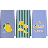 JMICPTUB Italian Lemon Kitchen Towels, Lemon Gifts for Women Dish Tea Towels, Trendy Blue Green Striped Lemons Decorative Hand Towel for Kitchen Bathroom, 16x24 Inch Set of 3