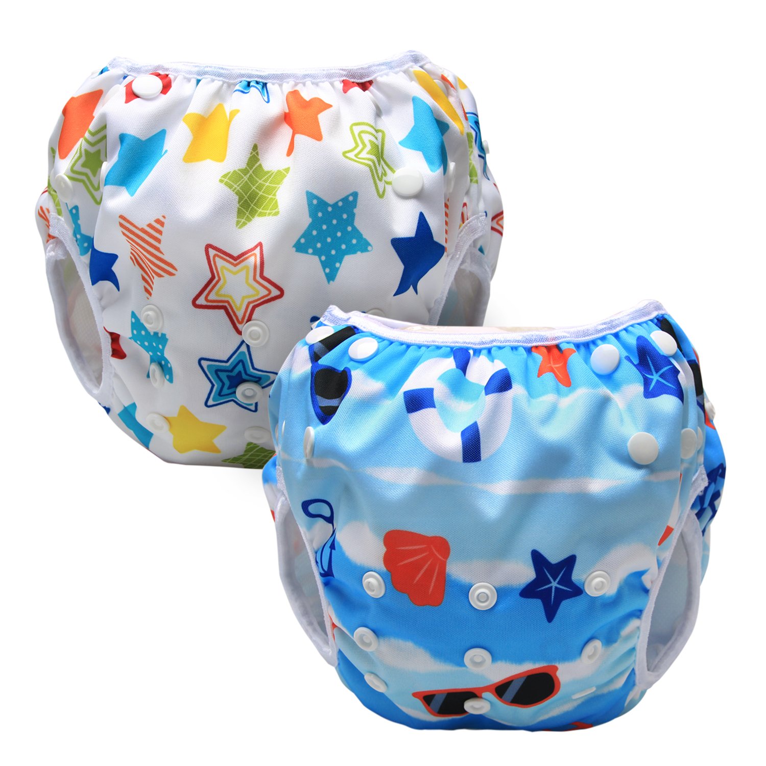 Luxja Swimming Nappy Reusable (Pack of 2), Adjustable Swim Nappies for Baby (0-3 Years), Washable, Beach + Colorful Stars