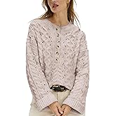 HOWALOOK Women's Cable Knit Sweater Long Sleeve Crewneck Casual Cropped Pullover Sweaters Boho Half Button Down Tops
