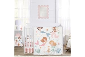 Sweet Jojo Designs Ocean Mermaids Girl Baby Crib Bedding Set Nursery Room Blanket Fitted Sheet Skirt Diaper Stacker 4p Pink Teal Under The Sea Underwater Theme Fairytale Fish Colorful Coral Reef Blue