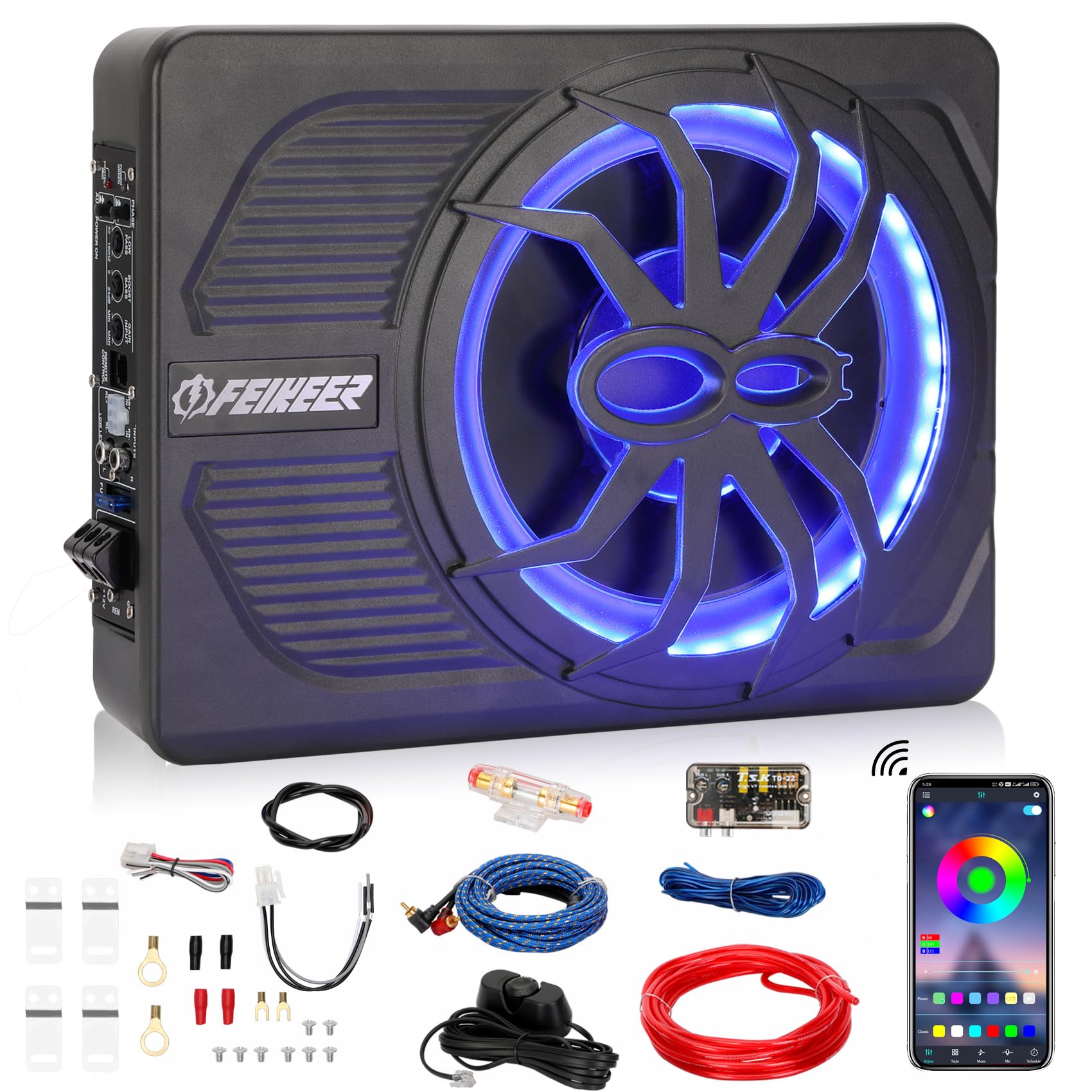 Photo 1 of Feikeer 10" 800W Under Seat Car Subwoofer, Blue-Tooth Subwoofers for Cars with Multicolored LED Ambient Light, Portable Audio Save Cars Interior Space and Easy to Install On Your Every Car Or Truck.