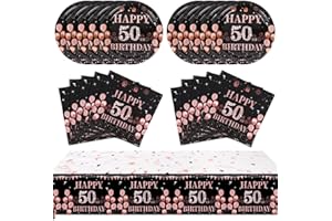 50th Birthday Decorations For Women Men, 41Pcs Rose And Black Birthday Plates And Napkins With Birthday Table Cloth, 50th Bir