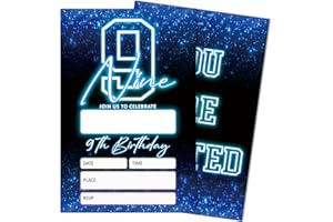 SIXEIGHT Blue 9th Birthday Party Invitations for Kids, Glow Neon 9th Birthday Invitations for Boys Girls, 20 Pack Blue Invites with Envelopes, Glow Neon Party Decorations Supplies, 4"x6"-C09