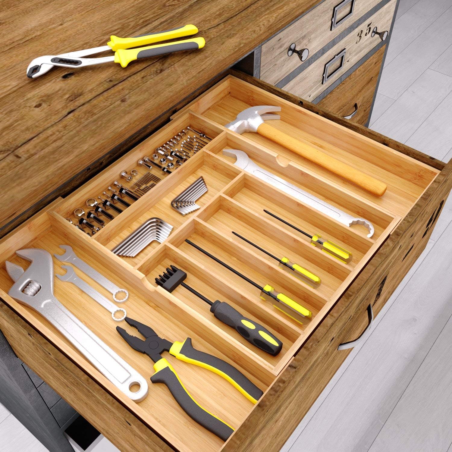 BAMEOS Utensil Drawer Organizer, Cutlery Tray Desk Drawer Organizer Silverware Holder Kitchen Knives Tray Drawer Organizer, 100% Pure Bamboo Expandable Adjustable Cutlery in Natural Color (22 inch): Kitchen & Dining