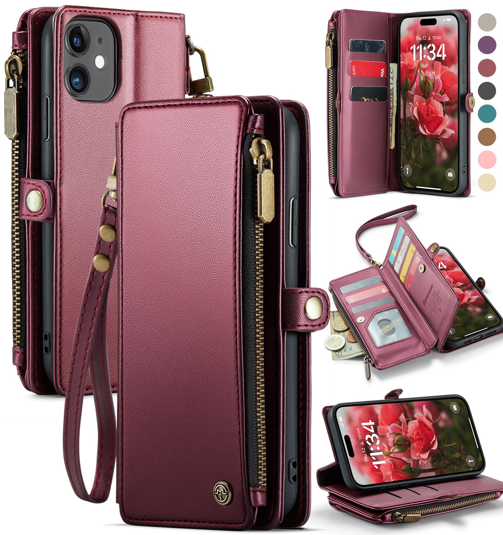 Photo 1 of Defencase Compatible with iPhone 11 Case Wallet with RFID Blocking Card Holder for Women and Men, Fashion PU Leather Magnetic Snap Flip Zipper Strap Wallet Phone Case Fit for iPhone 11 6.1", Wine Red