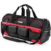HAUTMEC 24" Heavy-Duty Large Tool Bag, 1680D Wear-Resistant Wide Mouth Tool Bag with Metal Frame &amp; Hard Base, 36 Pockets, Level Holder, Anti-Tangle Padded Shoulder Strap &ndash; HT0284