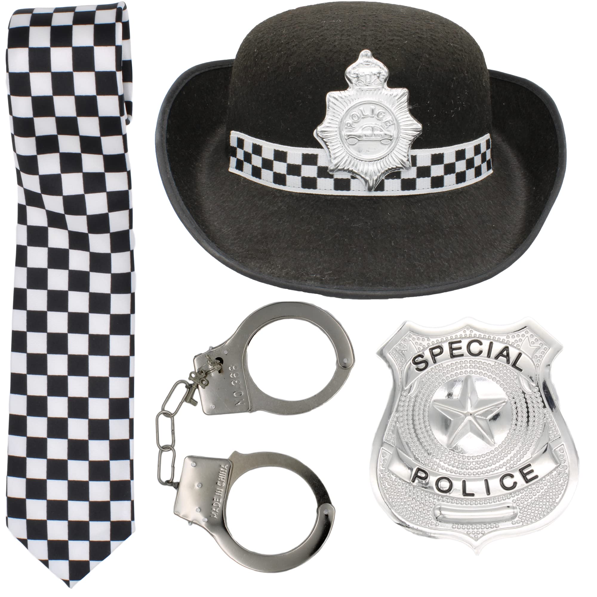 Cherry-on-Top Police Costume Women with Handcuffs Adult Police Accessories, Badge and Check Tie Fancy Dress WPC Outfit with Hat