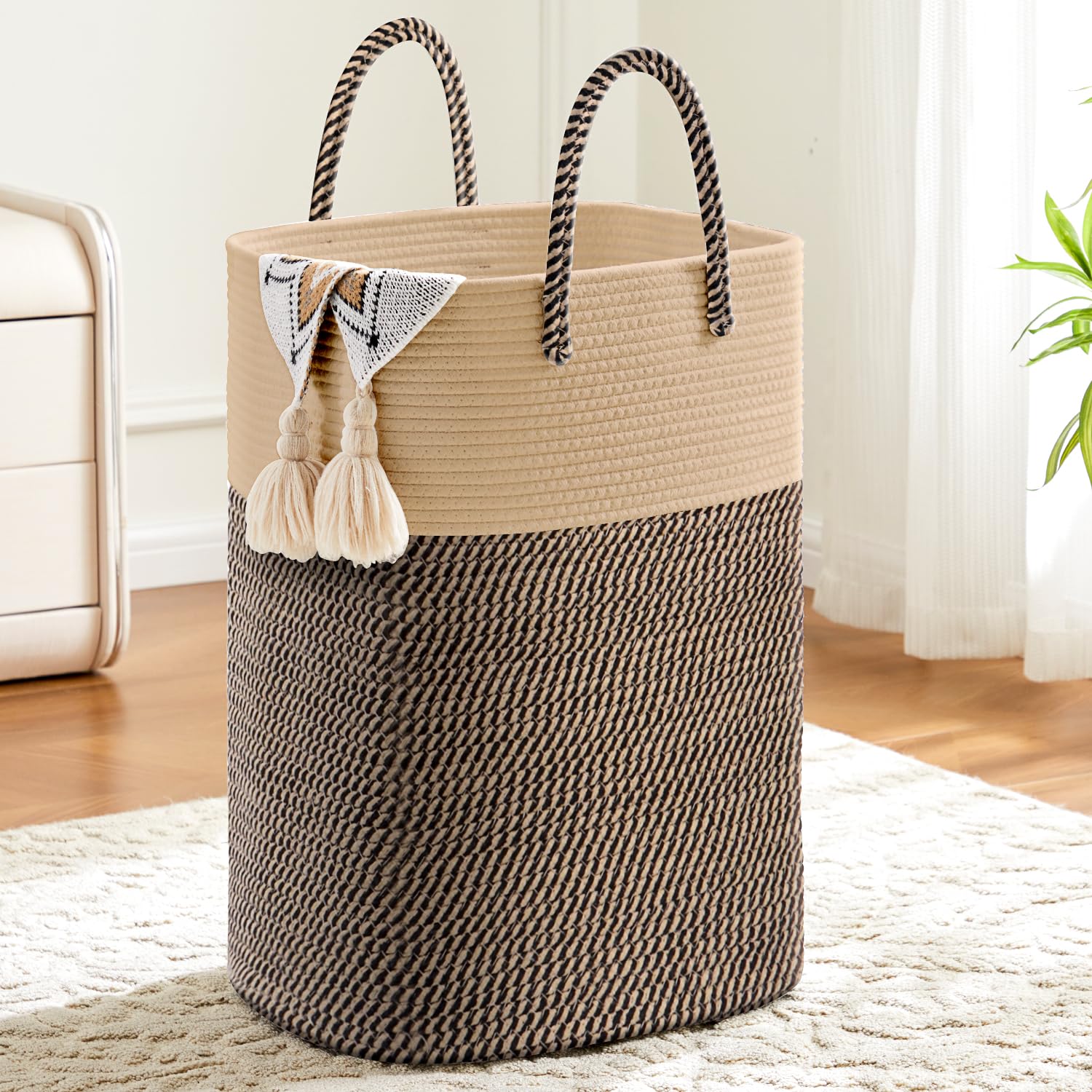 Photo 1 of Laundry Basket,Woven Cotton Rope Laundry Hamper,Versatile Storage for Dirty Clothes,Baby Toys,and Blankets in Bathroom, Nursery,and Living Room (Jute, 100L)