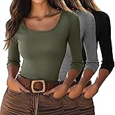 Neer 3 Pack 3/4 Sleeve Tops for Women, Cotton Scoop Neck Ribbed Three Quarter Sleeve Summer Slim T-Shirts Casual Basic Tees